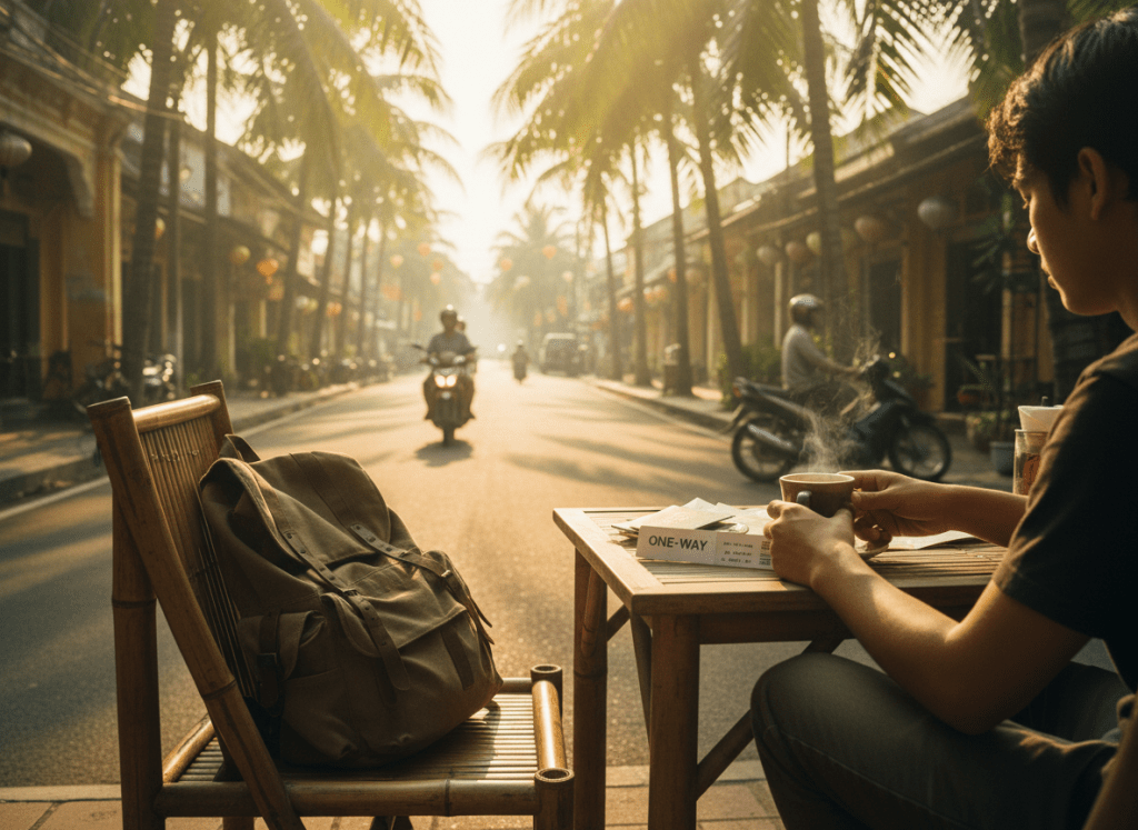 A lone traveller with a worn backpack sitting at an open-air café in Southeast Asia, early morning golden light filtering through palm trees, a cup of coffee on the table, scooters blurring past on a quiet street in the background, a one-way plane ticket visible on the table. Warm, hazy, cinematic atmosphere — equal parts freedom and quiet melancholy. Shot in a documentary travel photography style.