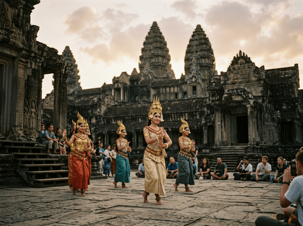 Four Cambodian dancers performing Apsara dance at Angkor Wat