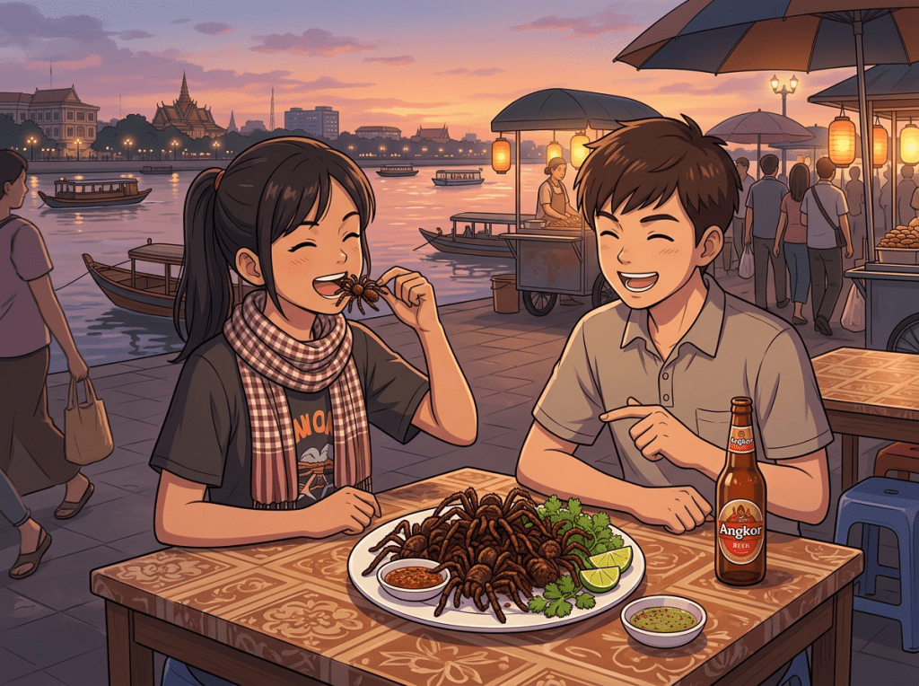 Friends eating tarantulas beside an Angkor Beer bottle at riverside market