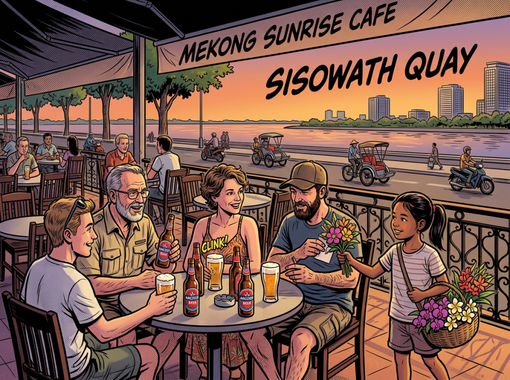 Expats enjoying beers on a riverside terrace